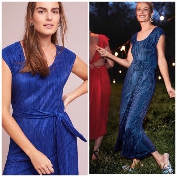 Anthropologie Maeve Sonata royal blue jumpsuit micro pleat size 0 small - Picture 1 of 5